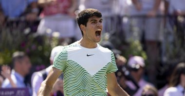 Spain's Carlos Alcaraz celebrates winning against Alex de Minaur of Australia during their final match at the Cinch Tennis Championships, London, U.K., June 25, 2023. (EPA Photo)