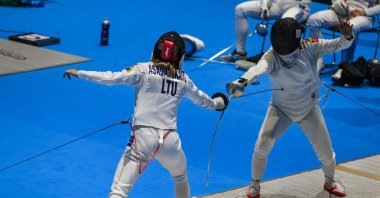 Turkish modern pentathlete Ilke Özyüksel (R) in action at the 3rd European Games, Krakow, Poland, June 26, 2023. (AA Photo)