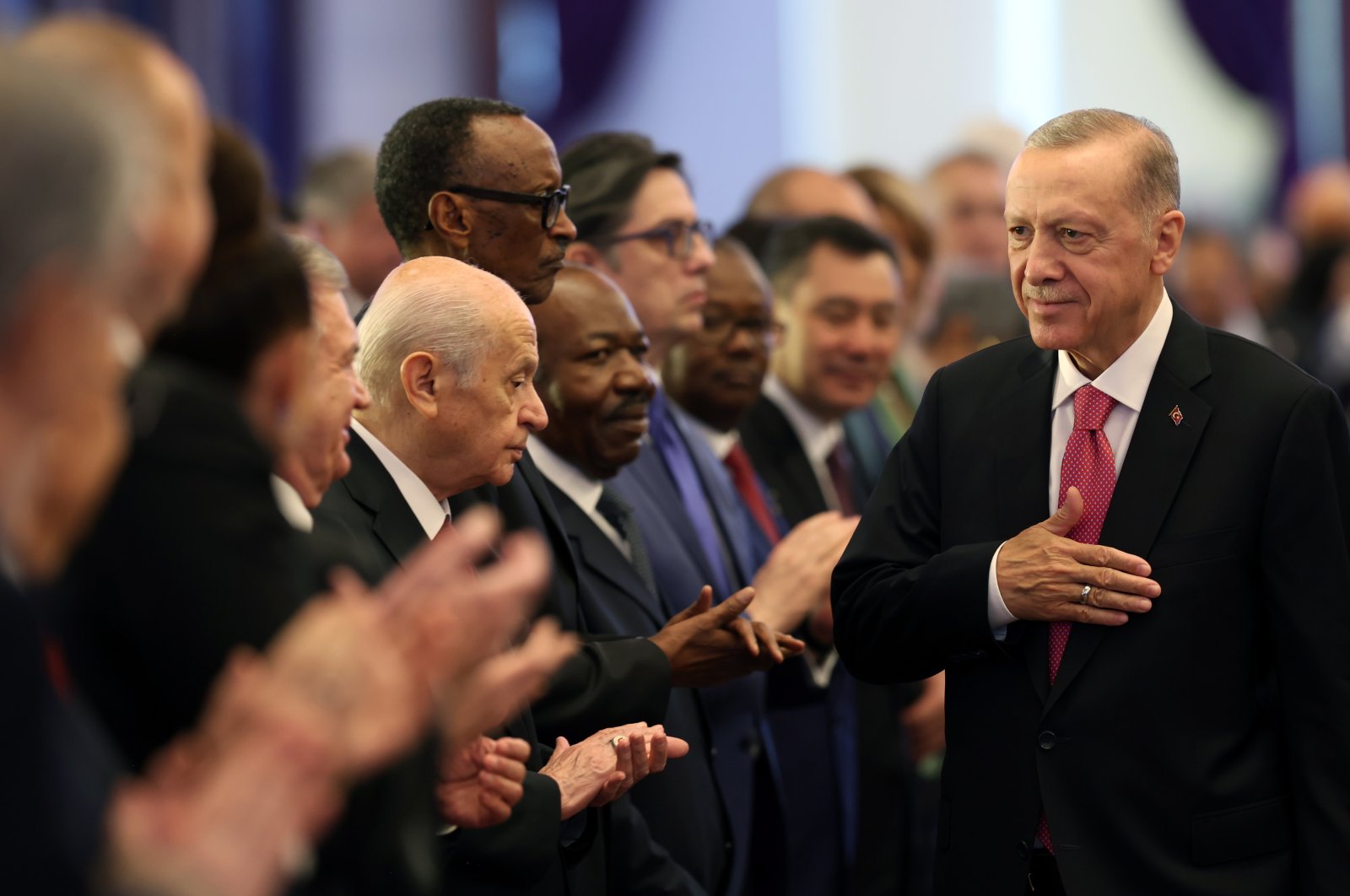 A handout photo made available by the Turkish Presidential Press Office shows President Recep Tayyip Erdoğan (R) greeting state leaders from around the world attending his inauguration ceremony at the Presidential Complex in Ankara, Türkiye, June 3, 2023. (EPA Photo)
