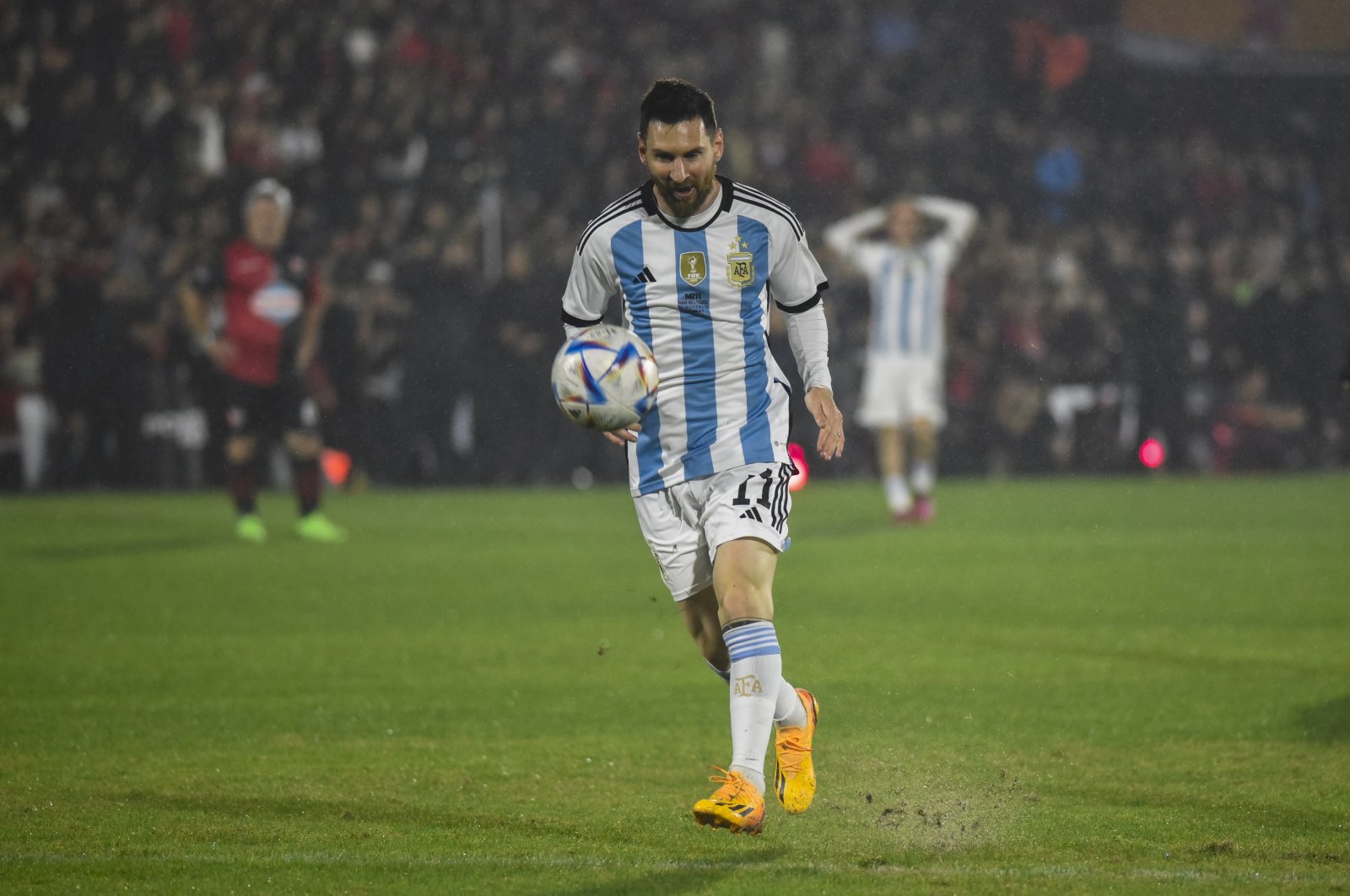 Argentinian Lionel Messi in action during a farewell match tribute to Maxi Rodriguez at Coloso Marcelo Bielsa stadium, Rosario, Argentina, June 24, 2023. (EPA Photo)