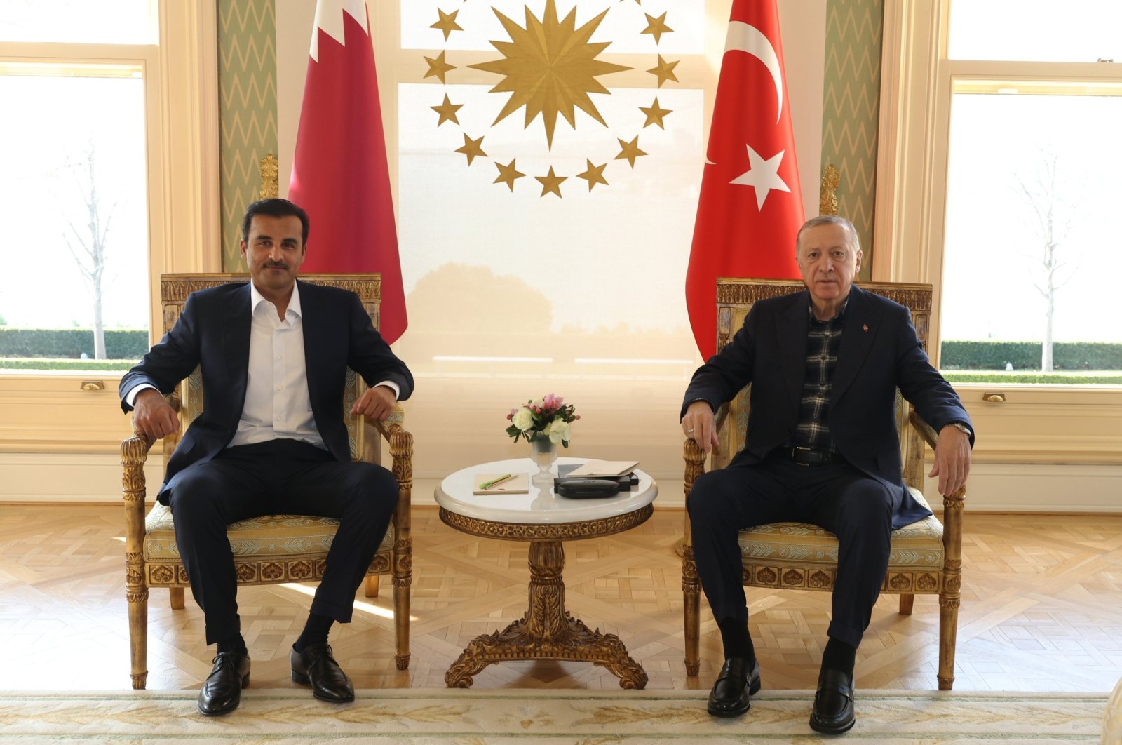President Recep Tayyip Erdoğan (R) receives Qatar&amp;#039;s emir, Sheikh Tamim bin Hamad Al Thani, at Vahdettin Mansion in Istanbul, Türkiye, Feb. 12, 2023. (AA Photo)