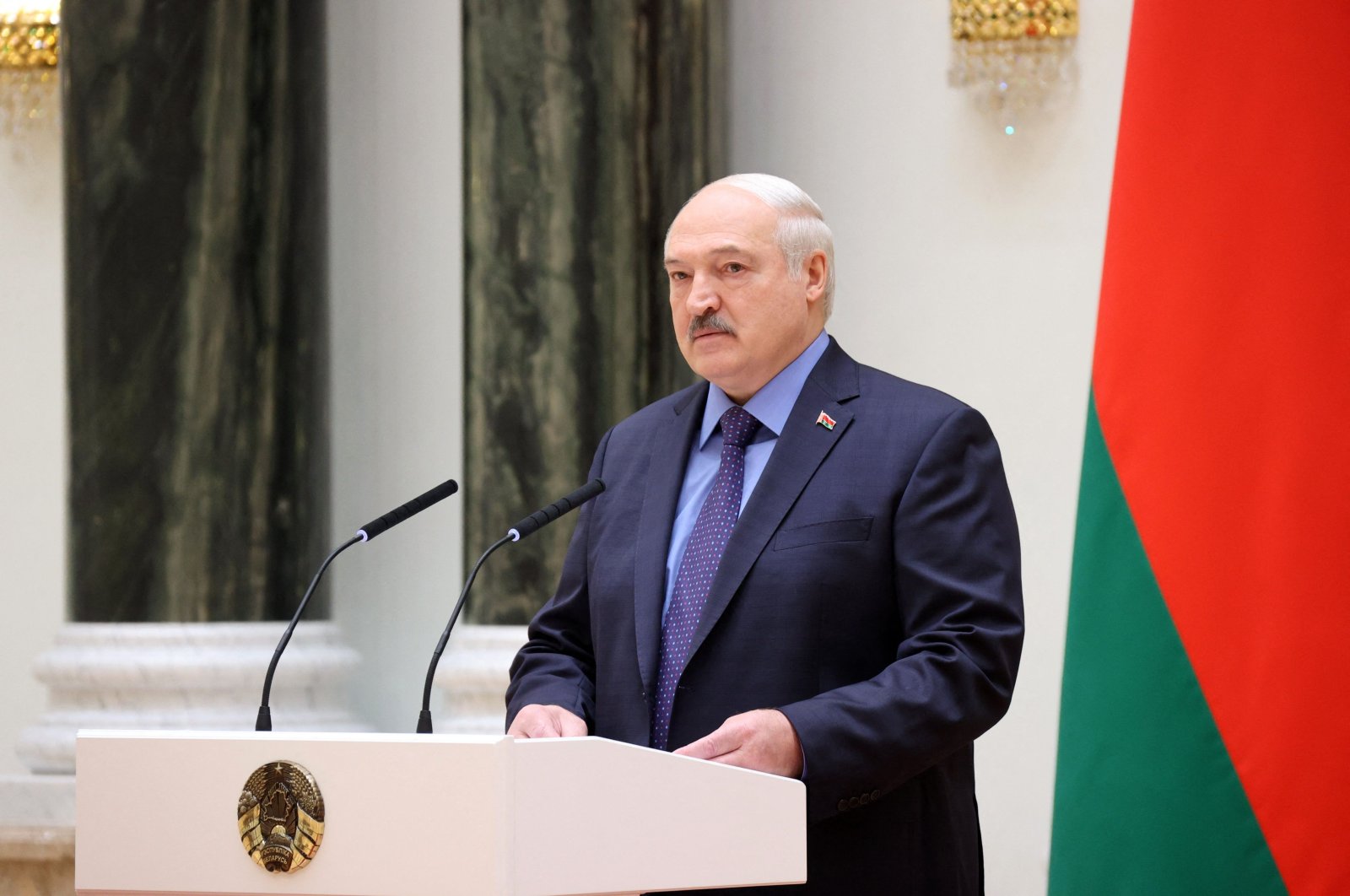 Belarusian President Alexander Lukashenko speaks at a ceremony to present general&#039;s shoulder straps to high-ranking officers at the Independence Palace in Minsk on June 27, 2023. (Belarusian presidential press service handout via AFP) 