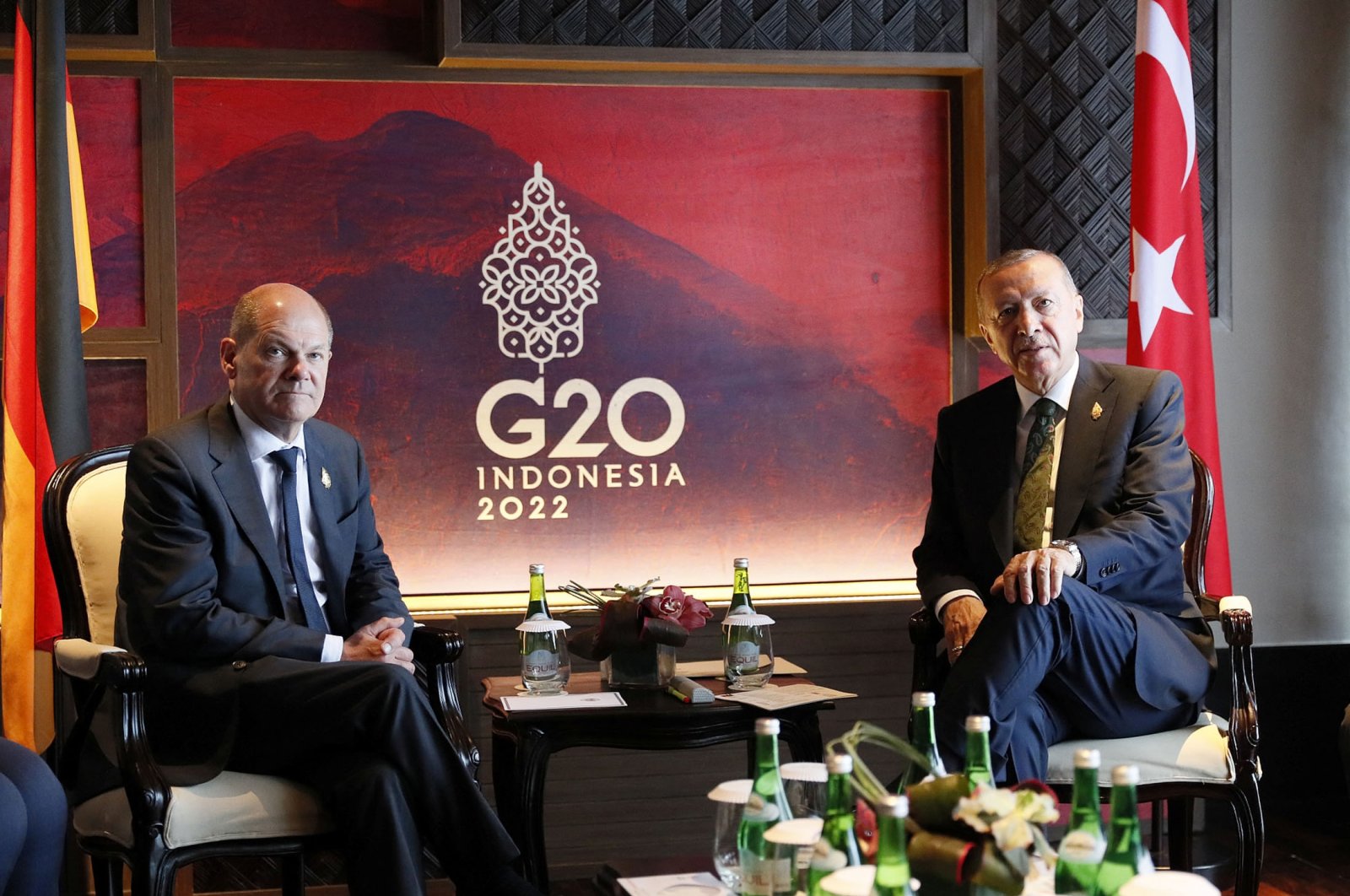 German Chancellor Olaf Scholz (L) and Turkish President Recep Tayyip Erdoğan attend a bilateral meeting on the sideline of the G20 Leaders&#039; Summit in Bali, Indonesia, Nov. 16, 2022. (Reuters Photo)