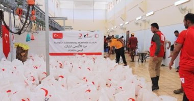 The packages with Eid meat delivered by the Turkish Red Crescent to Yemen, June 30, 2023. (AA Photo)