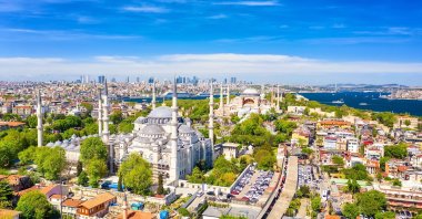 The Hagia Sophia Grand Mosque and the Blue Mosque against the Bosporus, in Istanbul, Türkiye. (Shutterstock Photo)