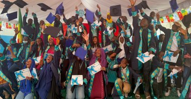 Students hurl graduation hats in air during a graduation ceremony in Thies Campus of Maarif schools, in Thies, Senegal, June 21, 2023. (AA Photo)