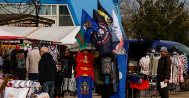 A flag with the logo of Wagner private mercenary group is on display for sale in the town of Yefremov, Tula, Russia, April 5, 2023. (Reuters Photo)