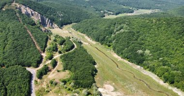 An aerial view of the depleted Kazandere Dam hit by the extreme drought, Kırklareli, northwestern Türkiye, July 2, 2023. (DHA Photo)