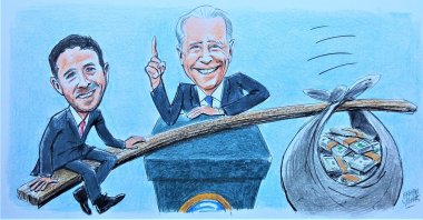 The illustration portrays the allegations surrounding Hunter Biden's laptop and efforts by U.S. President Joe Biden to cover up the situation. (Illustration by Erhan Yalvaç)