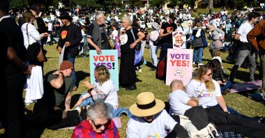 Supporters hold placards during a "Yes23" community event in support of an Indigenous Voice to Parliament, in Sydney, Australia, July 2, 2023. (EPA Photo)