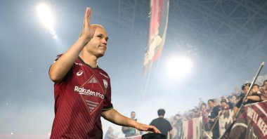 Vissel Kobe's Andres Iniesta greets fans after a J1 League match in Kobe, Japan, July 1, 2023. (EPA Photo)