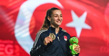 Türkiye's Buse Naz Çakıroğlu poses with her gold medal after winning at the 3rd European Games, Krakow, Poland, July 2, 2023. (AA Photo)