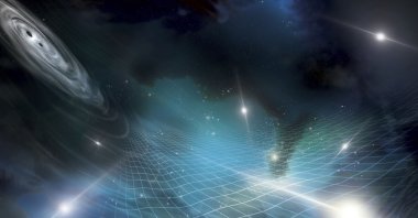 An illustration depicts gravitational waves stretching and squeezing space-time in the universe, June, 2023. (AP Photo)