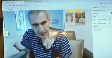 In this image made from video, Georgia’s imprisoned former president Mikheil Saakashvili attends a court hearing from hospital via video link in Tbilisi, Georgia, July 3, 2023. (AP Photo)