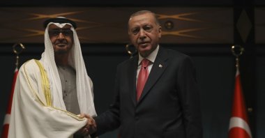 President Recep Tayyip Erdoğan (R) and Sheikh Mohammed bin Zayed Al Nahyan shake hands after a signing ceremony at the Presidential Complex, Ankara, Türkiye, Nov. 24, 2021. (AP Photo)