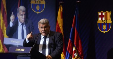President of FC Barcelona Joan Laporta delivers a speech during the regular meeting of the Catalan entity's Senate, in which he assured that this summer they will reinforce the team to "aspire to everything" next season, Barcelona, Spain, June 14, 2023. (EPA Photo)