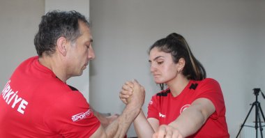 Turkish Youth European Arm Wrestling Championships gold medalist Cansu Halenur Yiğit (R) trains in preparation for the World Championships, Ordu, Türkiye, June 20, 2023. (AA Photo)
