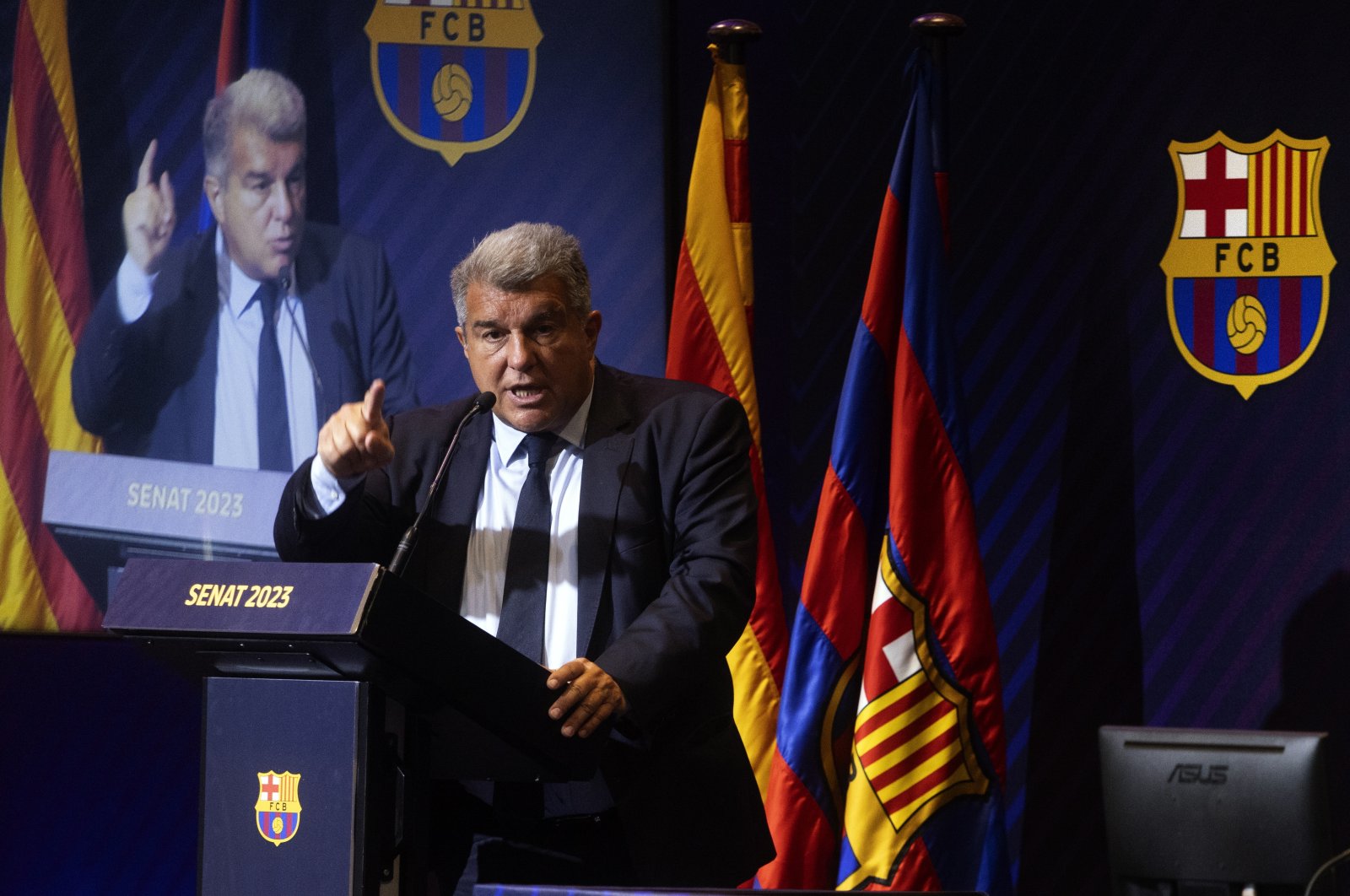 President of FC Barcelona Joan Laporta delivers a speech during the regular meeting of the Catalan entity&#039;s Senate, in which he assured that this summer they will reinforce the team to "aspire to everything" next season, Barcelona, Spain, June 14, 2023. (EPA Photo)