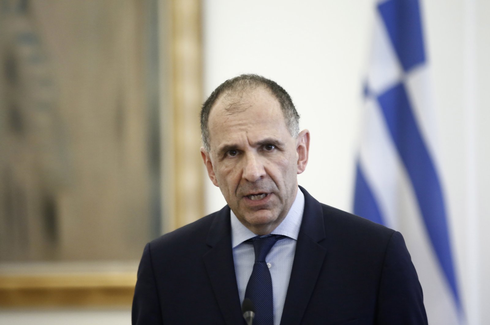 Newly appointed Greek Foreign Minister George Gerapetritis speaks during the handover ceremony at the Foreign Ministry in Athens, Greece, on June 27 2023. (EPA Photo)