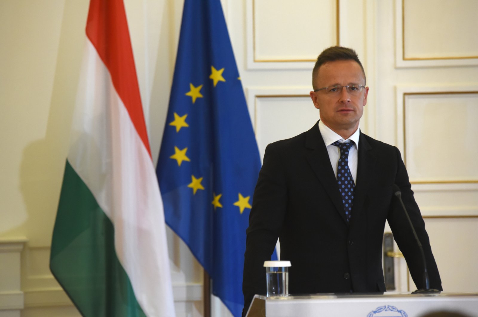 Hungarian Foreign Minister Péter Szijjártó in a news conference with then-Greek Foreign Minister, Nikos Dendias in Athens, Greece on June 22, 2022. (Reuters File Photo)