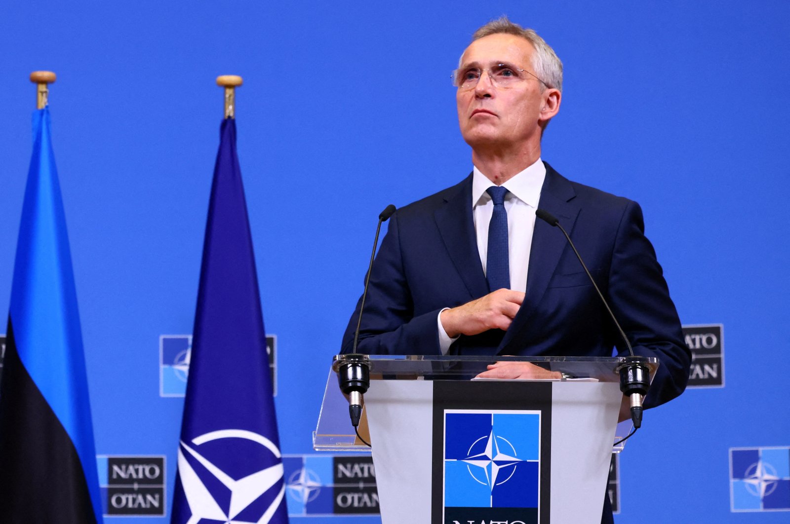 NATO Secretary-General Jens Stoltenberg and Estonian Prime Minister Kaja Kallas (not pictured) hold a news conference at the NATO Headquarters in Brussels, Belgium June 28, 2023. (Reuters File Photo)