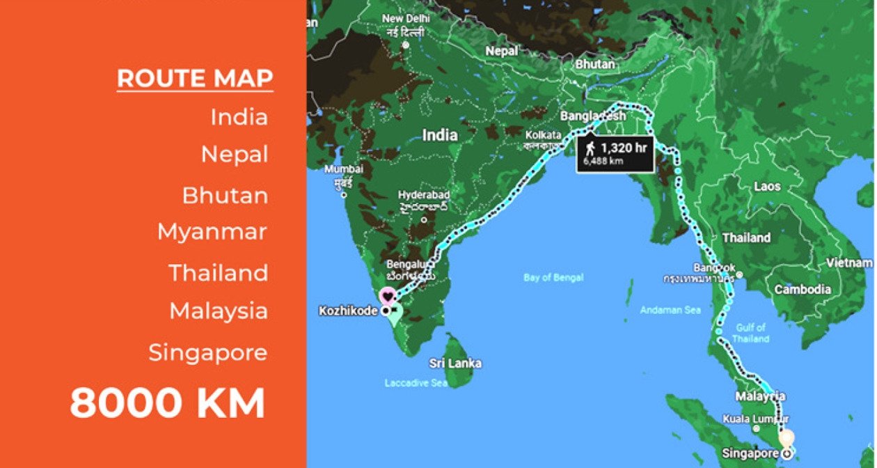 Fayis Asraf Ali's route of his first expedition from India to Singapore. (Courtesy Fayis Asraf)