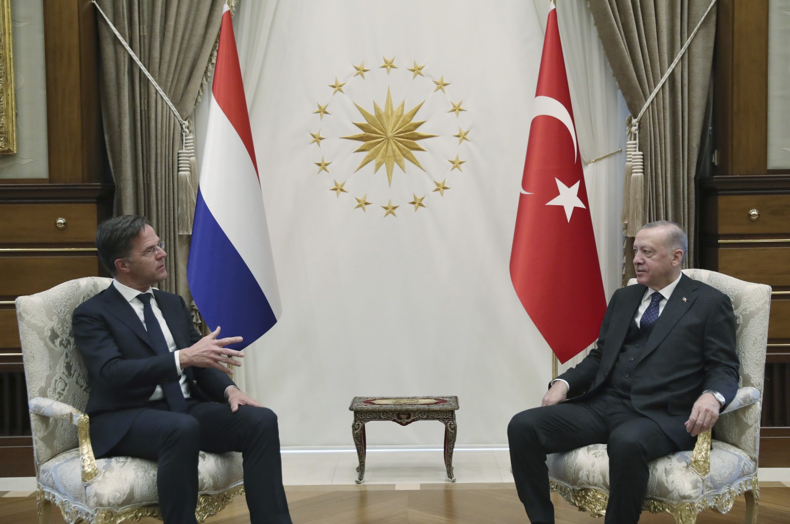 President Recep Tayyip Erdoğan and Dutch Prime Minister Mark Rutte speak during a meeting, in Ankara, Tuesday, March 22, 2022. (Turkish Presidency via AP, File Photo)