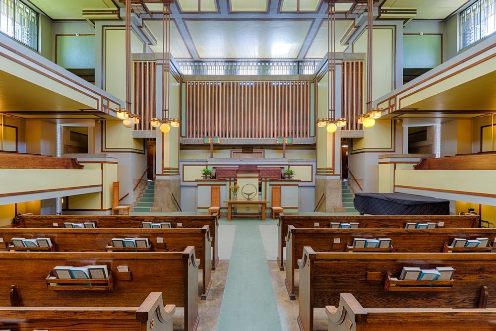 Interior Unity Temple dirancang oleh Frank Lloyd Wright, Illinois, AS, 15 Juni 2016. (Foto Shutterstock)