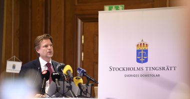 President of the court, chief councilor Mans Wigen talks to the media at a press conference after the verdict in the case of attempted financing of the PKK was announced in Stockholm district court, Sweden, July 6, 2023. (EPA Photo)
