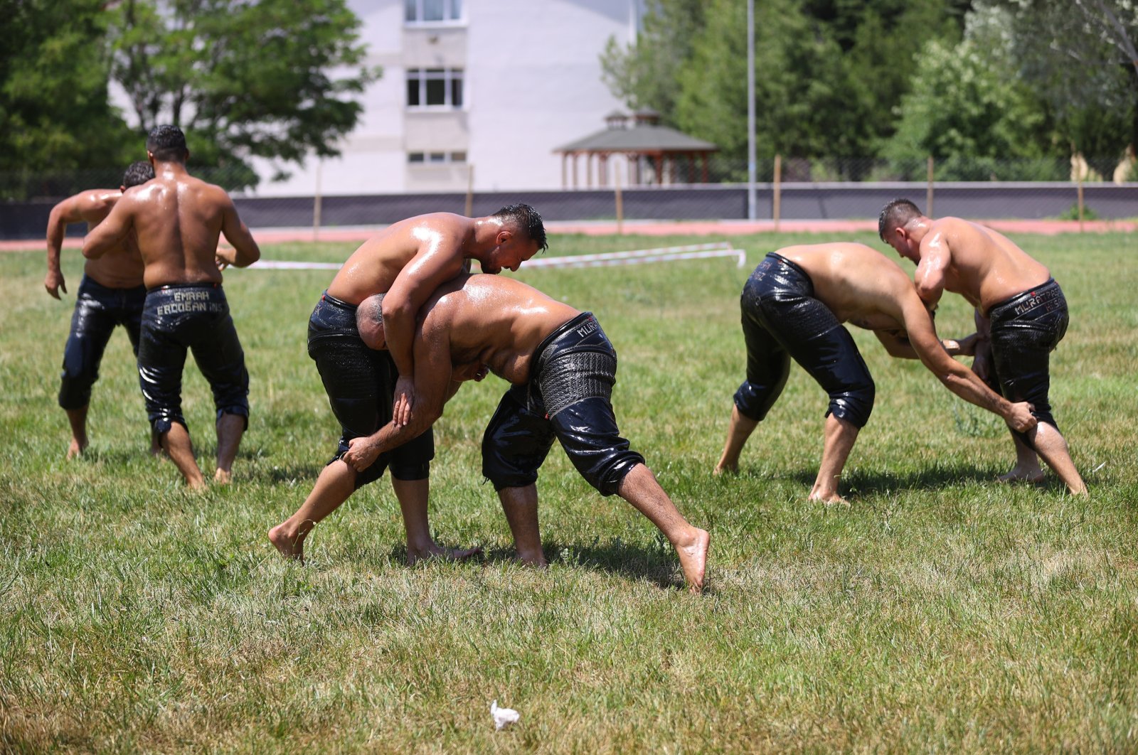 Turkish oil wrestlers train in preparation of the Historical Kırkpınar Oil Wrestling, Edirne, Türkiye, July 5, 2023. (AA Photo)