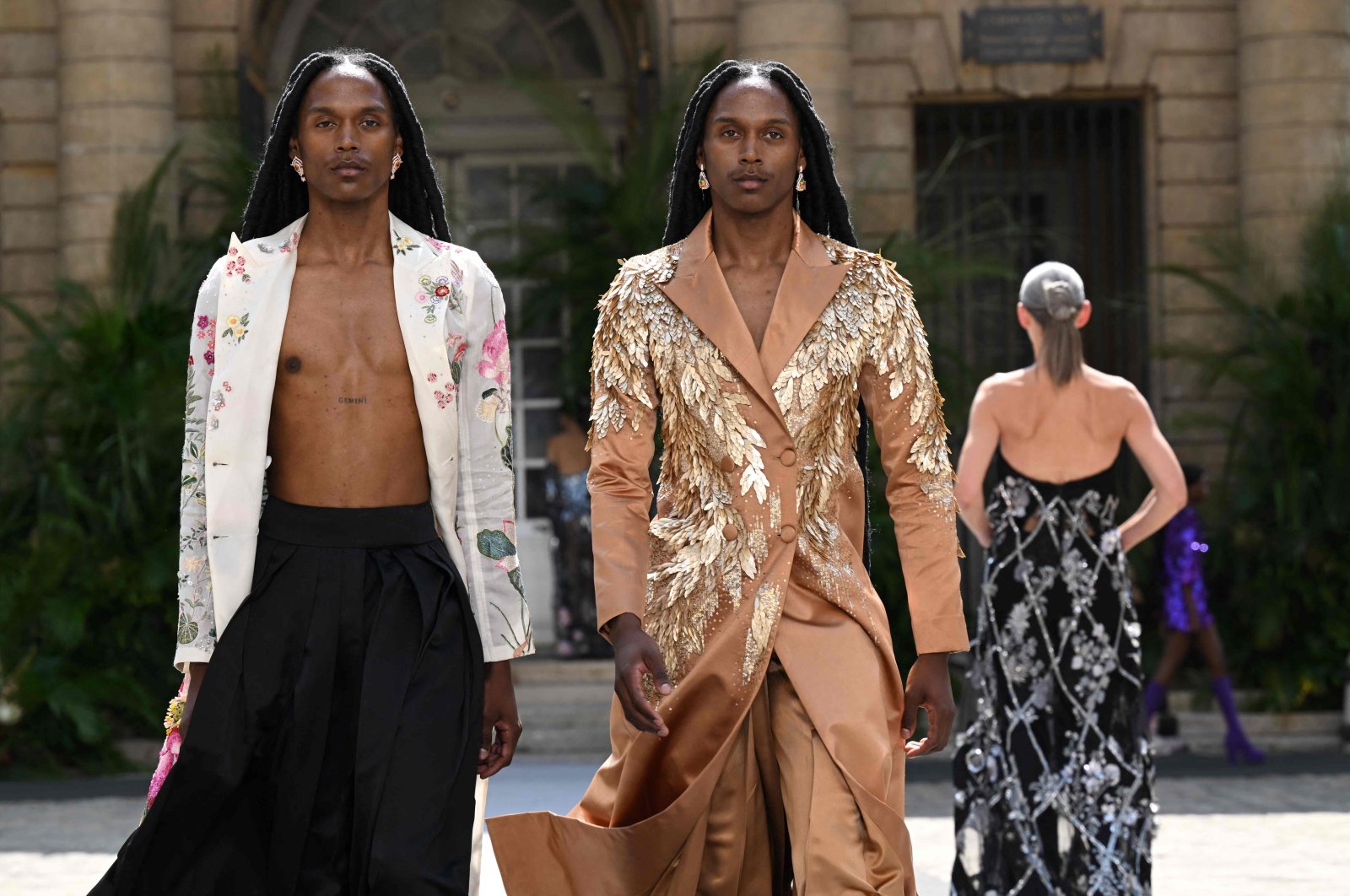 Models present creations by Rahul Mishra during the Fall/Winter 2023/2024 Fashion Week in Paris, France, July 3, 2023. (AFP Photo)