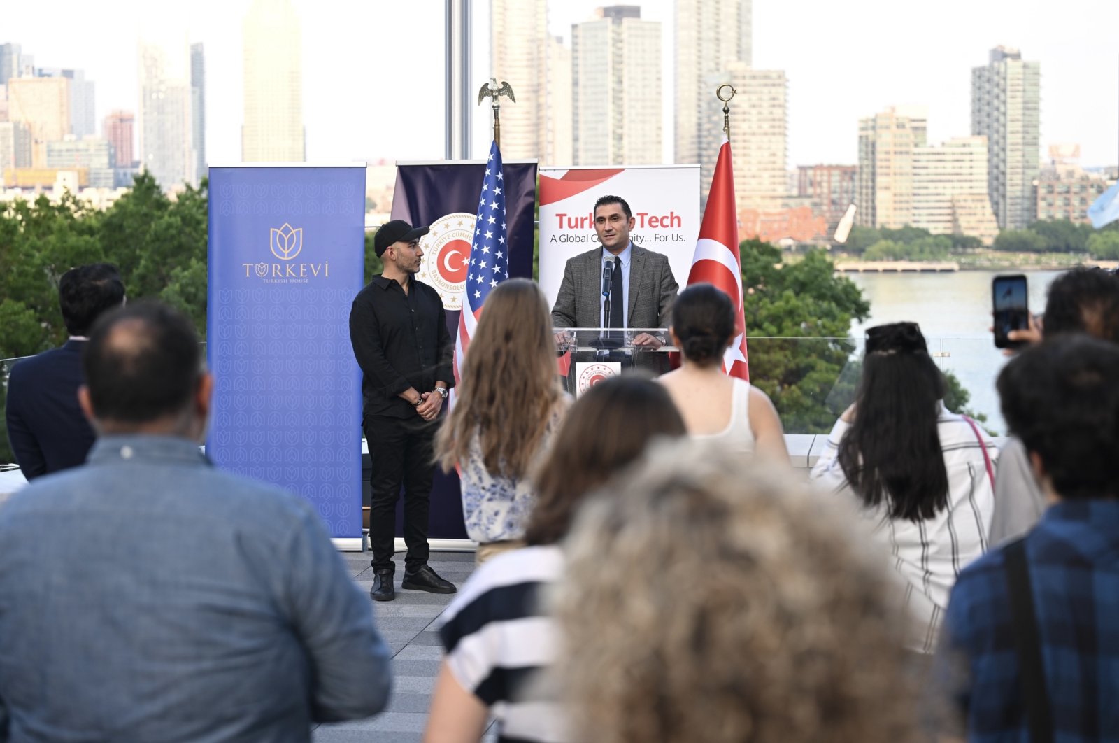 Turkish citizens working in the tech industry attend a meet and greet event hosted by the Turkish Consul General of New York, Reyhan Ozgur (R) and the founder of &#039;Turks in Tech&#039; community, Aykut Karaalioglu (L) at the Turkish House (Turkevi Center) in New York, United States on July 5, 2023. ( AA Photo )