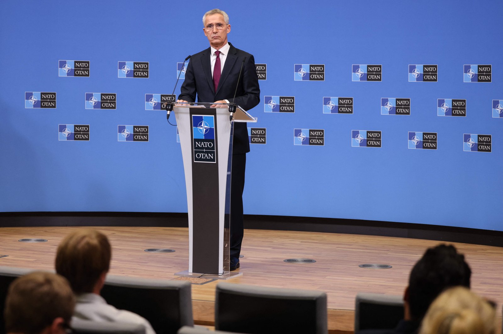 NATO Secretary-General Jens Stoltenberg addresses a press conference during a two-day meeting of the North Atlantic Council (NAC) with Defense Ministers, at the NATO headquarters in Brussels on June 16, 2023. (AFP File Photo)