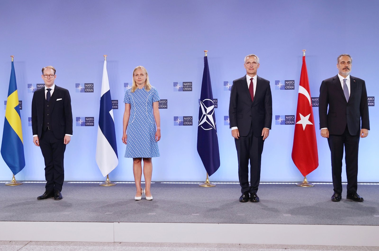 (From left to right) Swedish Foreign Minister Tobias Billstrom, Finnish Foreign Minister Elina Valtone, NATO Secretary-General Jens Stoltenberg and Turkish Foreign Minister Hakan Fidan pose for a photo as they attend a meeting in Brussels, Thursday, July 6, 2023. (AA Photo)
