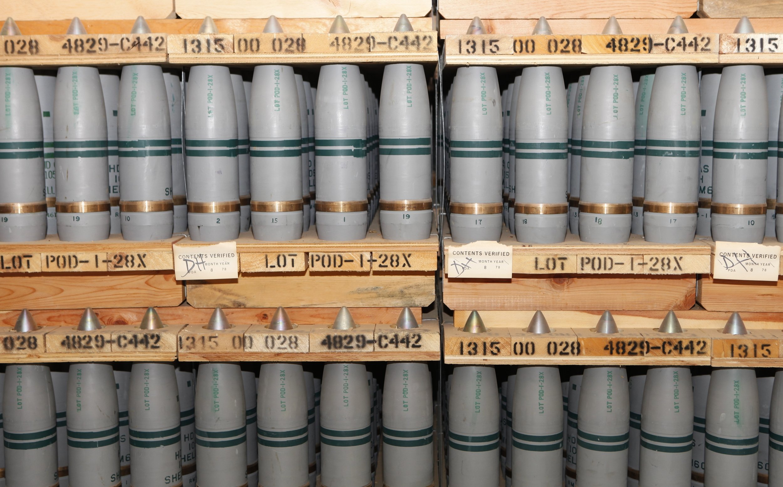 This photo at the Army's Pueblo Chemical Storage facility shows 105 mm shells containing mustard agent that are stored in a bunker, Colorado, U.S., Jan. 21, 2023. (AP Photo)
