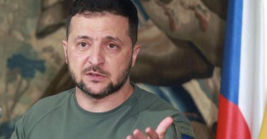 Ukrainian President Volodymyr Zelenskyy addresses a news conference during his meeting with the Czech president in Prague Castle in Prague, Czech Republic, July 6, 2023. (AFP Photo)