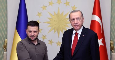 President Recep Tayyip Erdoğan and Ukraine's President Volodymyr Zelenskyy shake hands before their meeting in Istanbul, Türkiye, July 7, 2023. (Turkish Presidential Handout via EPA)