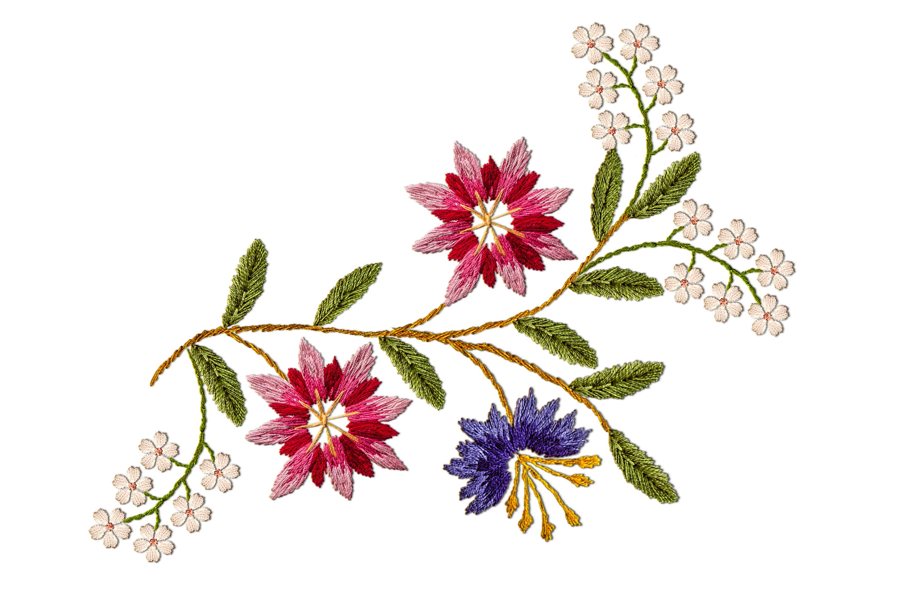 Pola jahitan satin sulaman setangkai bergelombang dengan bunga jagung merah muda-merah dan ungu.  (Foto Shutterstock)