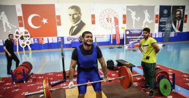Turkish visually impaired weightlifter in action at the Visually Impaired Weightlifting Türkiye Championships, Mersin, Türkiye, July 7, 2023. (AA Photo)