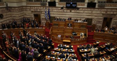 Greek Prime Minister Kyriakos Mitsotakis  speaks during a debate on the government's key policies at the parliament in Athens, Greece, July 8, 2023. (EPA Photo) 