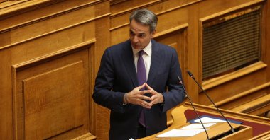 Greek PM Kyriakos Mitsotakis speaks at the parliament in Athens, Greece, July 8, 2023. (EPA Photo)