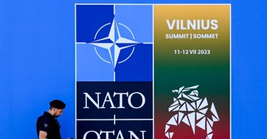 A security guard at NATO summit venue in Vilnius, Lithuania, July 9, 2023. (EPA Photo) 