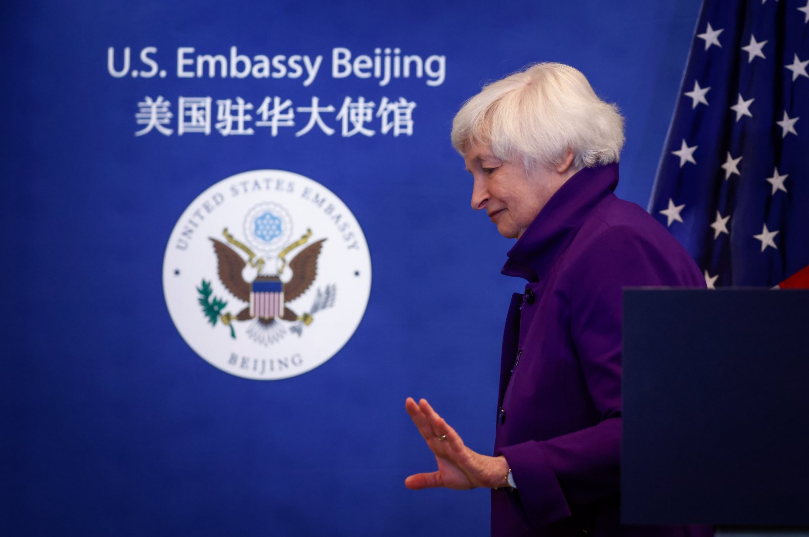 U.S. Treasury Secretary Janet Yellen gestures as she leaves a press conference at the U.S. Embassy in Beijing, China, 09 July 2023. (EPA/MARK R. CRISTINO)