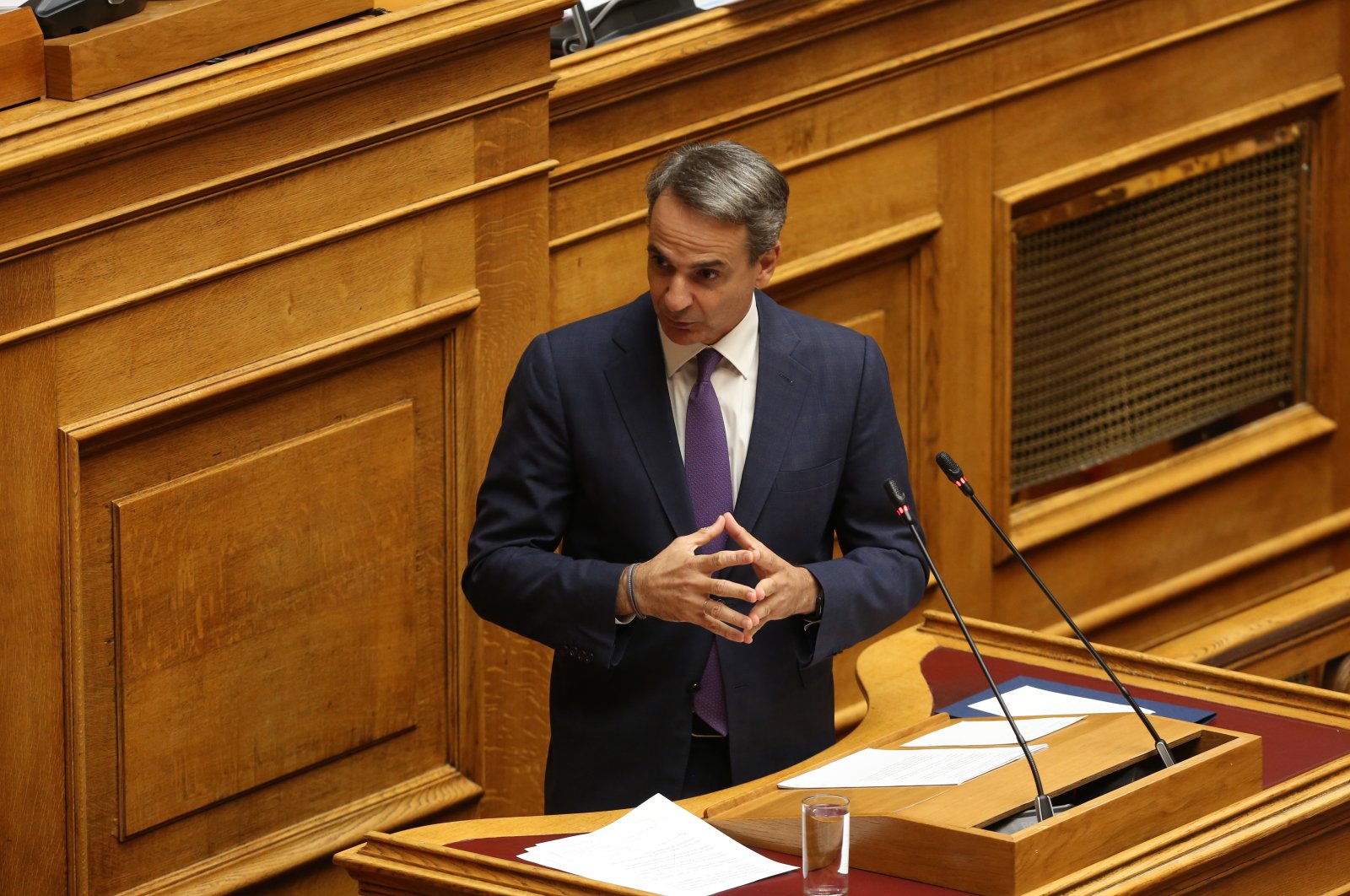 Greek PM Kyriakos Mitsotakis speaks at the parliament in Athens, Greece, July 8, 2023. (EPA Photo)