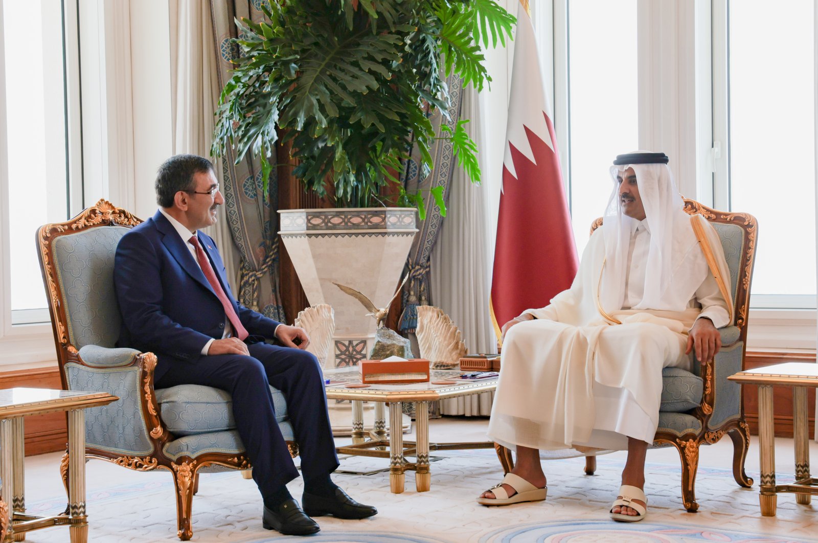 Turkish Vice President Cevdet Yılmaz and Qatari Emir Sheikh Tamim bin Hamad Al-Thani in Doha, Qatar, July 9, 2023. (AA Photo)