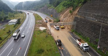 Heavy machinery is seen working on the Ankara-Istanbul Motorway in the area of Bolu after the landslide, Bolu, northwestern Türkiye, July 10, 2023. (AA Photo)