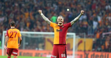 Galatasaray&#039;s Mauro Icardi celebrates after scoring a goal against Kayserispor at the Nef Stadium, April 14, 2023. (IHA Photo)