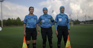 Women referees pose for a portrait after officiating a match in the Morocco&#039;s professional women league, Rabat, Morocco, Sunday, May 21, 2023. (AP Photo)