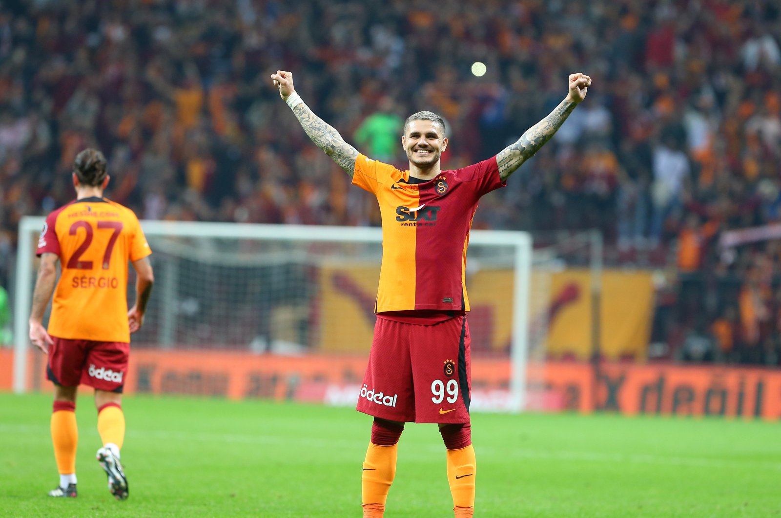 Galatasaray&#039;s Mauro Icardi celebrates after scoring a goal against Kayserispor at the Nef Stadium, April 14, 2023. (IHA Photo)