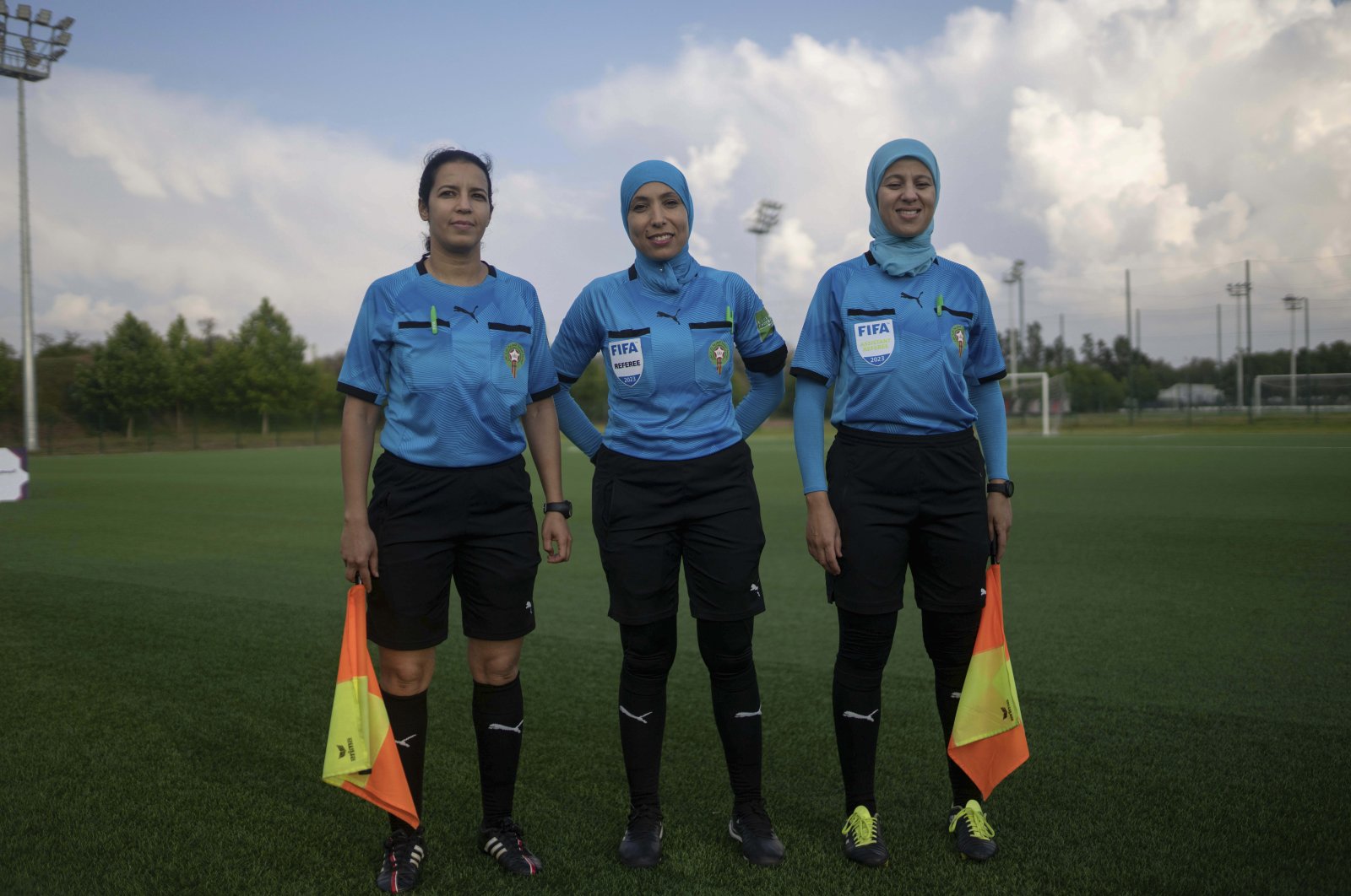 Women referees pose for a portrait after officiating a match in the Morocco&#039;s professional women league, Rabat, Morocco, Sunday, May 21, 2023. (AP Photo)